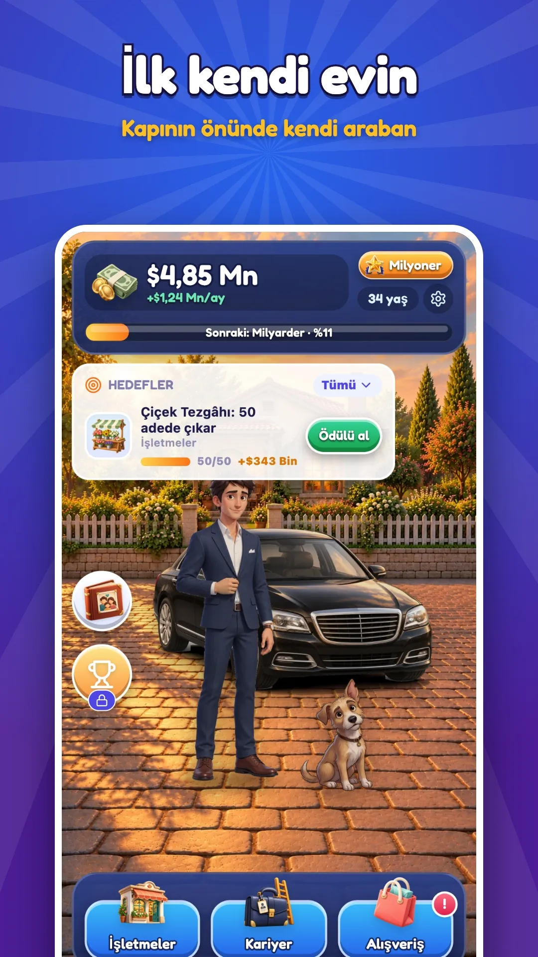 Prestige Life: karakter kendi evinin önünde, yanında arabası.